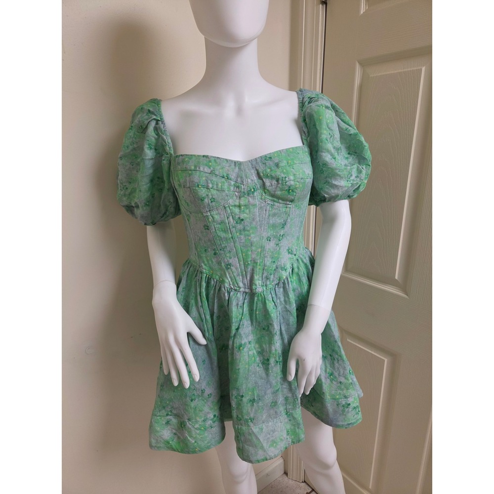 Bardot Green Floral Ramie Corset Puff Sleeve Mini Dress Size US 4 57628DB